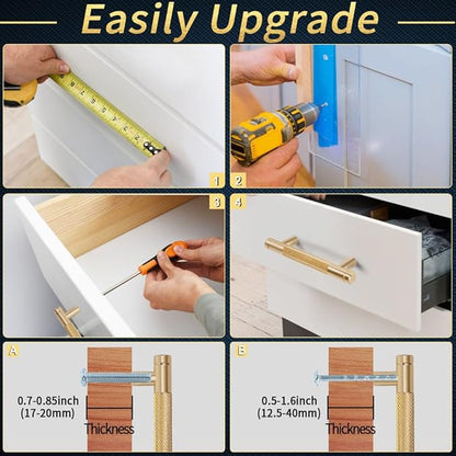 Knurled Cabinet Pulls 12 Pack, 4 Inch Long Cabinet Handles Metal Door Pulls, Kitchen Drawer Pull Knurled Dresser Handles - 3" Hole to Hole, Golden