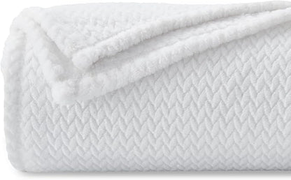 NEWCOSPLAY Super Soft King Blanket White Premium Silky Flannel Fleece Leaves Pattern Lightweight Bed Blanket All Season Use (White, King(90"x110"))