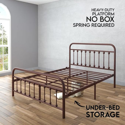 Golden Gate Beds Victorian Vintage Style Metal Bed Frame with Wrought Iron Headboard and Footboard, Classic Platform Bedframe with Storage, No Box Spring Needed, Mattress Foundation, Brown, Queen Size