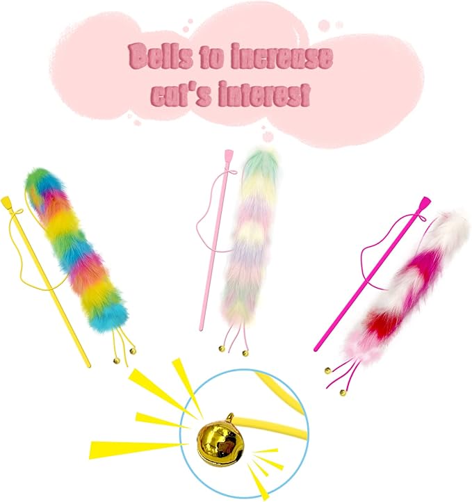 3 Pack Cat Wand Toy, Rainbow Cat Feather Toys with Bells, Teaser Wand with Soft Furry Tail, Interactive Toys for Indoor Cats & Kitten & Kitty-Mewly Pet