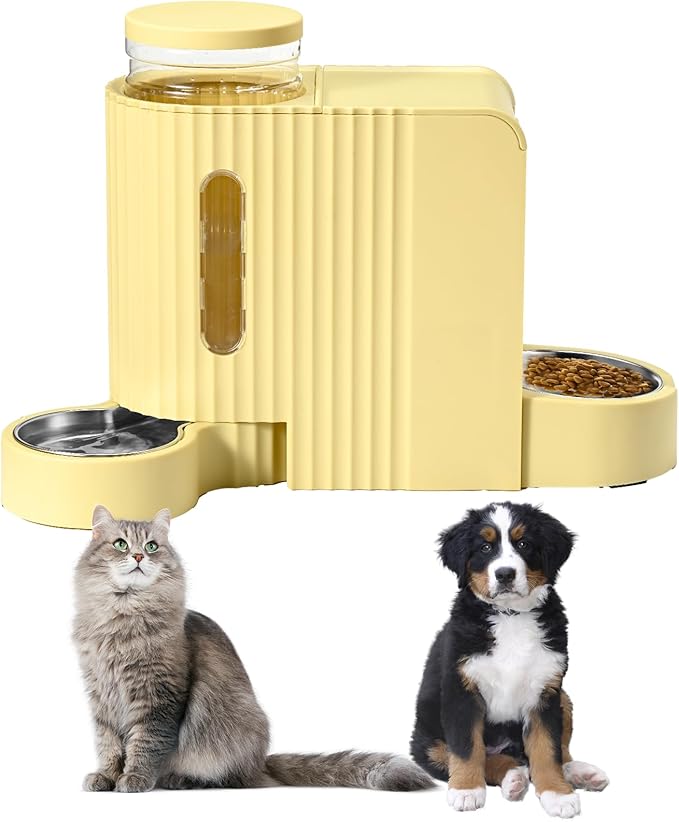 Automatic Cat Food Feeder and Water Dispenser,2 in 1 Gravity Cat Feeder and Water Dispenser with Stainless Steel Bowl,2 Pack Large Capacity Self Feeding for Small Medium Pets Puppy Kitten-Mewly Pet