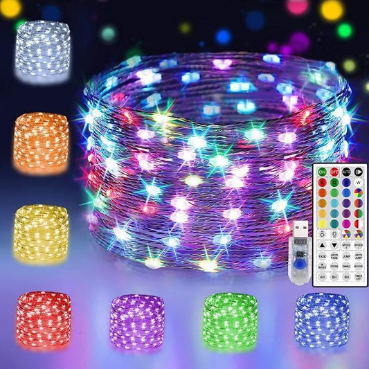 24 Multi Color Changing Fairy Lights USB Powered with Remote Control, 33ft 100 RGB LED Bright Silver Wire Starry String Lights for Christmas Tree, Wedding Party, Indoor, Garden, Bedroom Holiday Décor