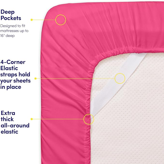 RV Short Queen Sheet Set with Built-In Sheet Straps -✅ Deep Pocket Recreational Vehicle Camper Size Fitted Sheet, Flat Sheet & Pillowcases -✅ Soft, Wrinkle-Free, Secure Fit -✅ Fuschia