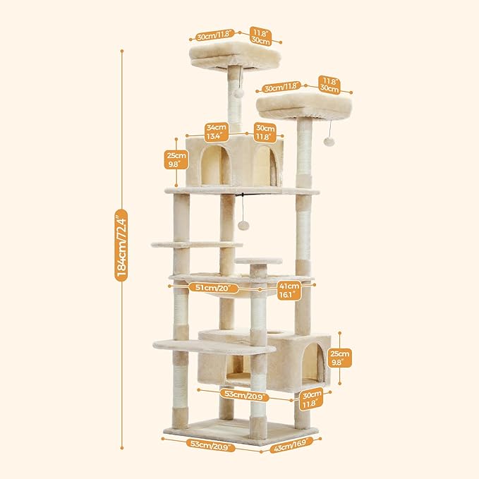 PAWZ Road Large Cat Tree, 72 Inches Cat Tower for Large Cats, Cat Condo with Sisal-Covered Scratching Posts and Pads, 2 Padded Perch, Dual Condo and Basket for Indoor Cats-Beige-Mewly Pet