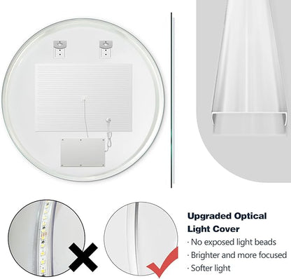 Niccy Round Led Mirror for Bathroom, 32" Circle Frameless Backlit Mirror wiht Light, Anti-Fog, 3 Colors, Waterproof, Memory Function