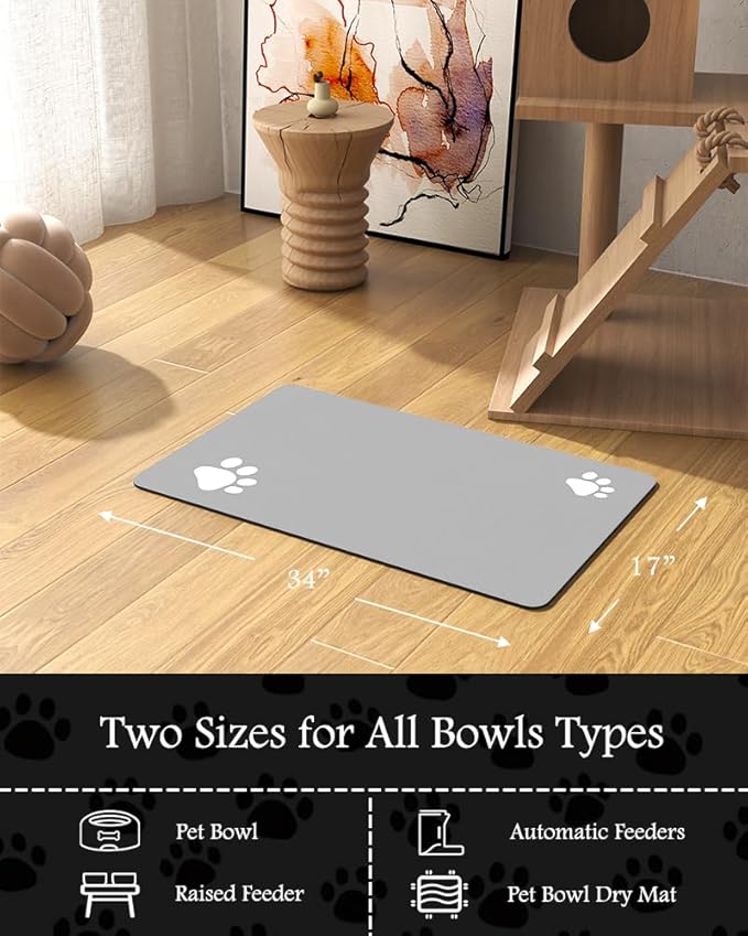 Pet Feeding Mat-Absorbent Dog Mat for Food and Water Bowl-No Stains Quick Dry Dog Water Dispenser Mat（LIGHTGREY,17"x34"-Mewly Pet