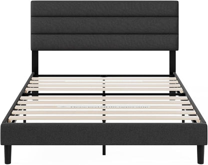ZINUS Queen Piper Upholstered Platform Bed with Horizontal Paneled Headboard, Wooden Slat Support, No Box Spring Needed, Easy Assembly, Eco Friendly Packaging, Dark Grey