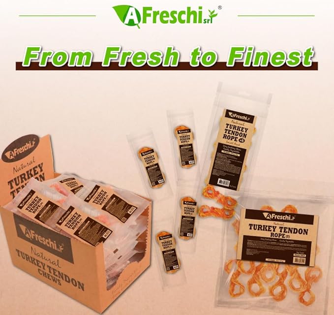 Afreschi Natural Turkey Tendon Rope (S) Pack of 4, Dog Treats for Signature Series, All Natural Human Grade Puppy Chew, USA-Sourced Turkey Tendon, Hypoallergenic, Rawhide Alternative-Mewly Pet