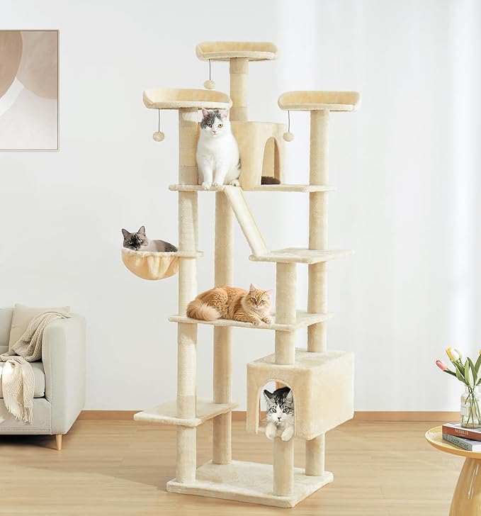 Made4Pets Tall Cat Tree, 80" Cat Tree Tower for Indoor Cats Large Adult, Modern Cat Tower with Scratching Post, Cozy Hammock, 3 Perches and 2 Condos, Sturdy and Fluffy, Beige-Mewly Pet
