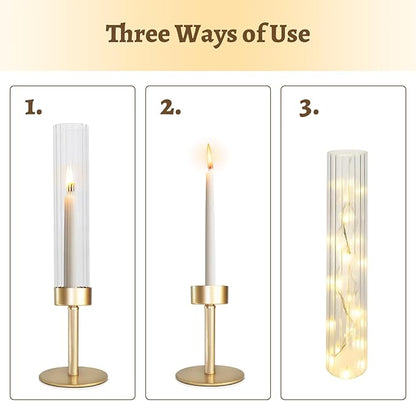 Gold Hurricane Glass Candle Holders: Cadhodenm Tall Glass Candlestick Holder for Wedding Set of 6 Brass Taper Candle Holders Modern Candle Sticks Holder for Table Centerpiece Party Holiday Decor