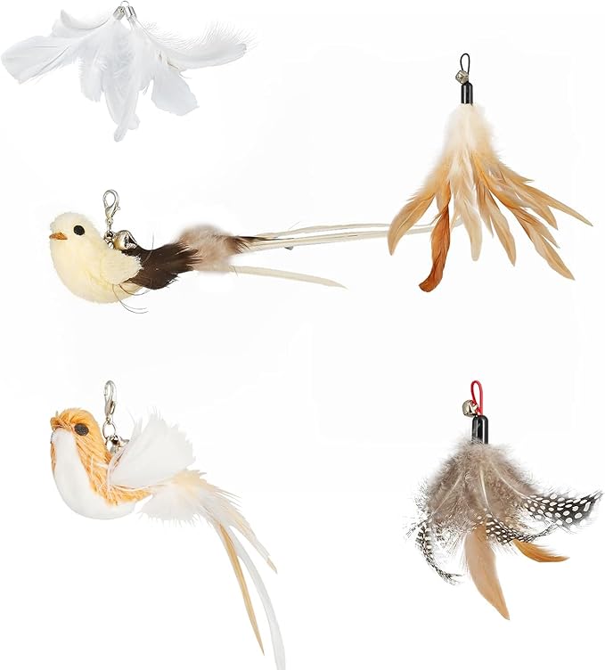 ROSAUI Cat Wand Refill Set – 5 Clip-On Toys (3 Feathers + 2 Birds) for Interactive Play – Replacement Attachments Most Cat Wands-Mewly Pet