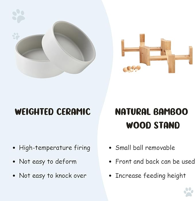 SPUNKYJUNKY 15° Slanted Ceramic Dog and Cat Bowl with Wooden Stand, Tilted Bulldog Food and Water Bowl No Slip Non-Spill for Cats Medium Dogs Big Face Pets 13.5 OZ (1.7 Cups, Grey × 2)-Mewly Pet