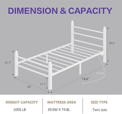 Twin Bed Frame with Headboard and Footboard, Metal Bed Frame with Charging Station and LED Lights, Under Bed Storage, No Box Spring Needed,Noise Free,White