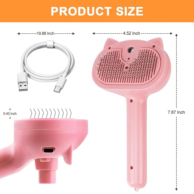 Cat Steam Brush for Shedding, 4 in 1 Steamy Cat Brush with Release Button, Self Cleaning Metal Pet Misting Hair Comb with Handle for Grooming Kitten Dog(Pink)-Mewly Pet