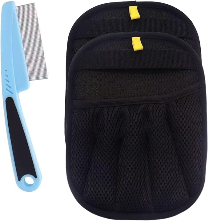 Electrostatic Pet Hair Remover Glove, Reusable Pet Hair Removal Glove for Dog & Cat Grooming, Double Sided Static Pet Hair Fur Remover Gloves for Clothing, Couch, Car Seat (2 gloves+1 flea comb)-Mewly Pet