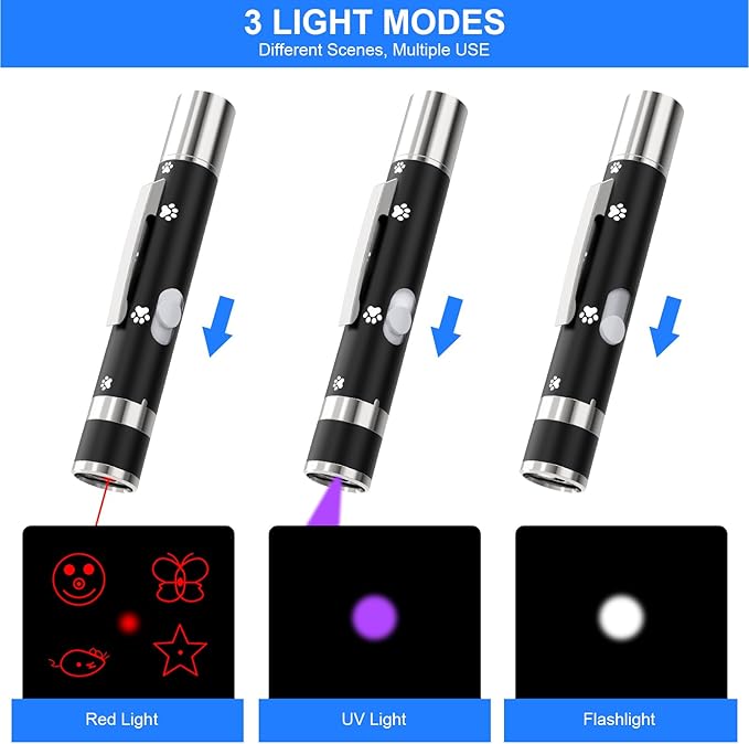 Cat Toys, 2 Pieces, USB Rechargeable Interactive Cat Mouse Toys, 3 Light Modes & 5 Adjustable Patterns, Portable Kitten Toy for Indoor Cats & Dogs, Training & Exercise Fun-Mewly Pet