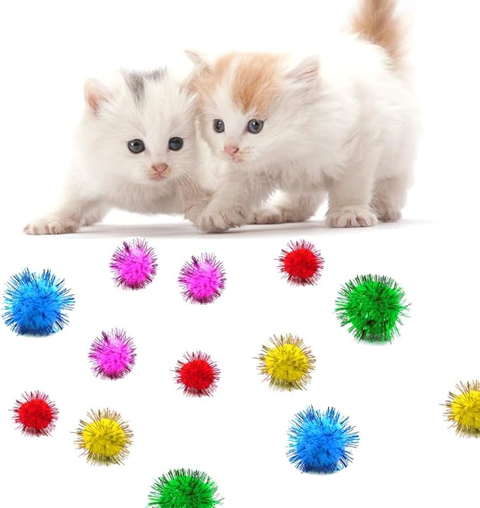80 Pieces Cat Sparkle Balls Assorted Color 1 Inch Pom Poms Tinsel Cat Ball Toy Puff Balls Glitter Ball for Cats Kitten Toys for Indoor Cats and Crafts-Mewly Pet