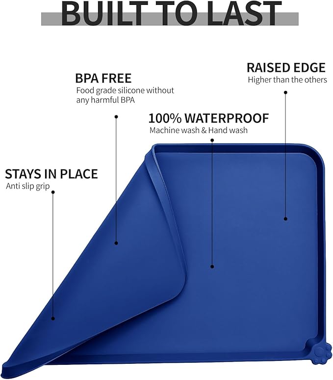 Waterproof Pet Feeding Mat with High Raised Edges, Heavier and Thicker Placemats for Cat Dog Water Bowl with BPA Free, Dogs Cats Food Mats for Messy Drinkers to Prevent Spill and Protect Floors-Mewly Pet