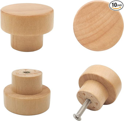 10PCS Wood Knobs Flat Top Round Cabinet Knobs Natural Wooden Dresser Drawer Pulls (Diameter: 35mm/1.38 inch, Height: 25mm/0.99 inch)