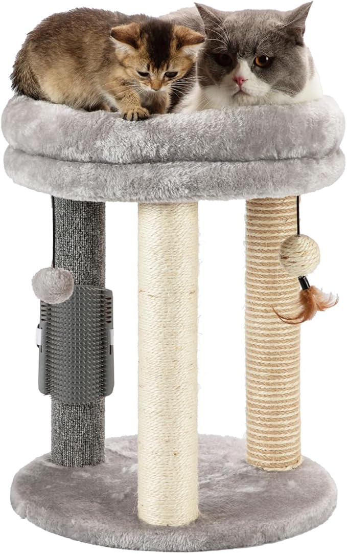 MECOOL 4in1 Small Cat Tree,Scratching Post with Tower Soft Bed, Sisal Carpet Jute Posts with Three Hanging Ball Toys and Massage Brush for Indoor Cats and Kittens-Mewly Pet