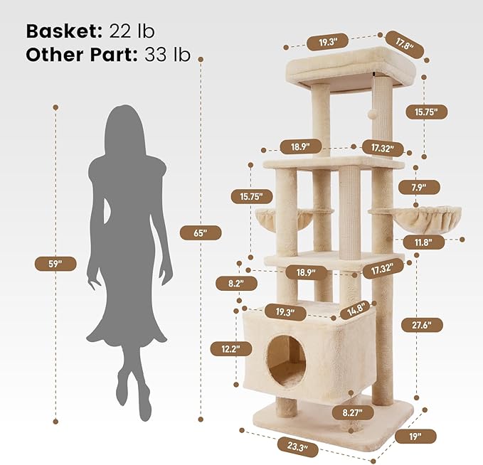 Gardner Pet 65in Heavy Duty Cat Tree Tower for Large Cats, Multi-Level Cat Furniture with Replaceable Sisal Scratching Post, Hammock | Extra-Large Platform & Condo (Upgraded Beige)-Mewly Pet