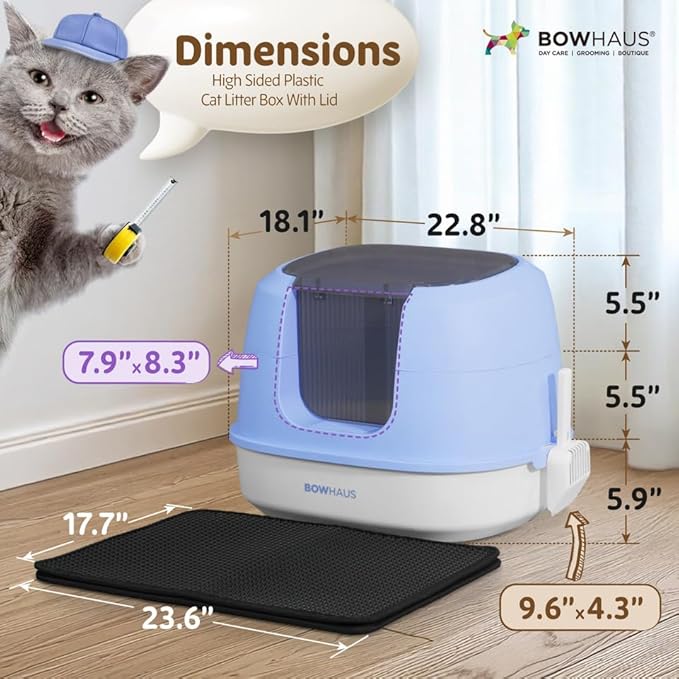 Detachable Cat Litter Box with Lid, 3-in-1 Cat Toilet of Cats, Large Space Anti-Leakage Cat Litter Box with Scoop, Cat Mat & Odor Fitter, Blue-Mewly Pet