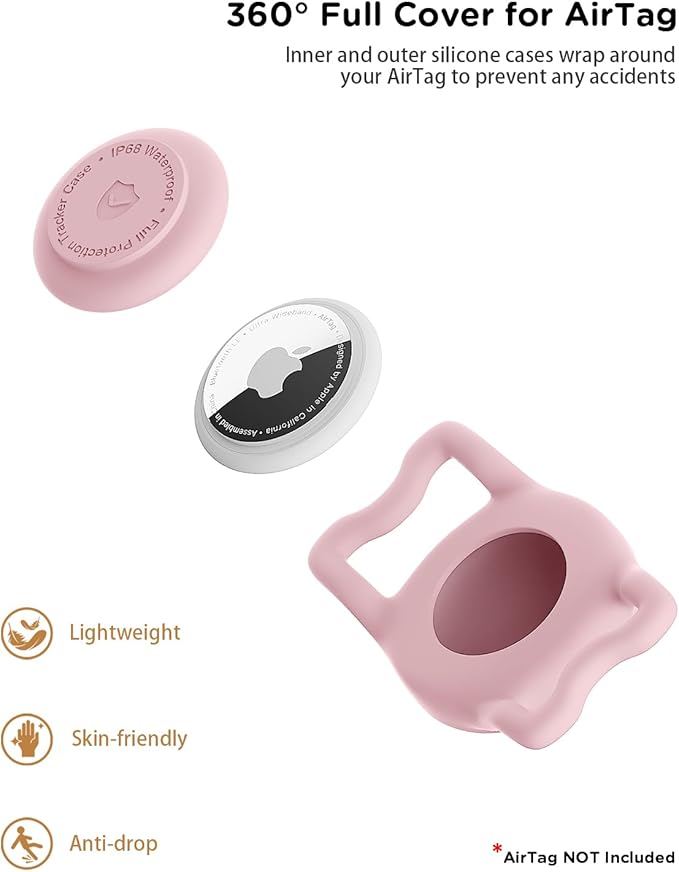 IP68 Waterpoof Dog Airtag Holder, Stretchy Silicone Full Body Covered Apple Air Tag Holder for Dog Cat Collar Fit All Width Collar (Pink, 1 Pack)-Mewly Pet