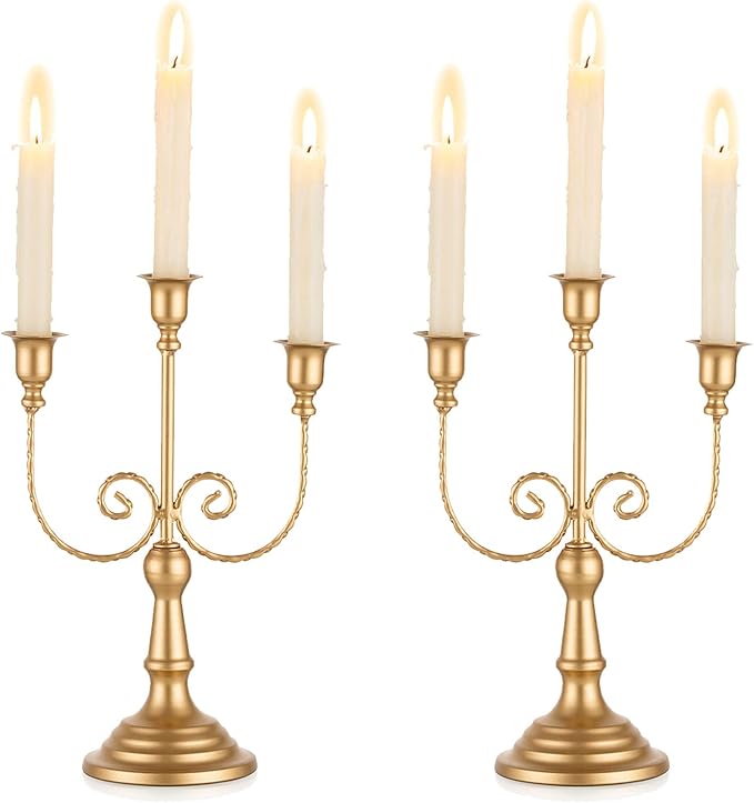 Romadedi Candelabra Gold Candle Holders - 3 Arm 11.8" Wedding Candlestick Holder for Theme Party Table Centerpiece Decor Dining Room Birthday Holiday Christmas, Set of 2