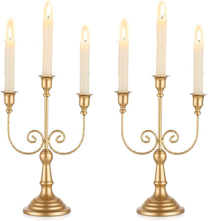 Romadedi Candelabra Gold Candle Holders - 3 Arm 11.8" Wedding Candlestick Holder for Theme Party Table Centerpiece Decor Dining Room Birthday Holiday Christmas, Set of 2