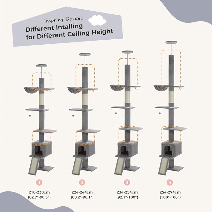 PEQULTI Floor to Ceiling Cat Tree, Tall Cat Tower, Adjustable Height (83''-108'') 5 Levels Climbing Tree for Indoor Cats with Cat Condo, Cozy Hammock and Scratching Post, Grey-Mewly Pet