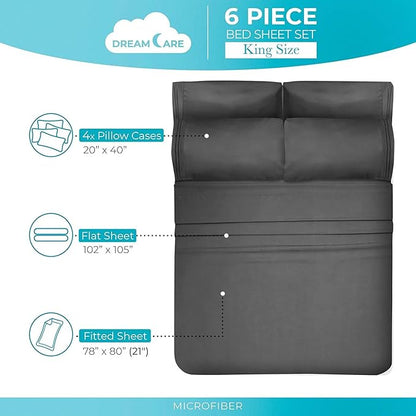 DREAMCARE Sheets Full Size Bed - Cooling Bed Sheets - 6pcs Set - Full Sheet Set - Full Size Sheets - Full Size Sheet Sets Soft & Long Lasting 100% Fine Brushed Polyester with Side Pocket - Dark Gray