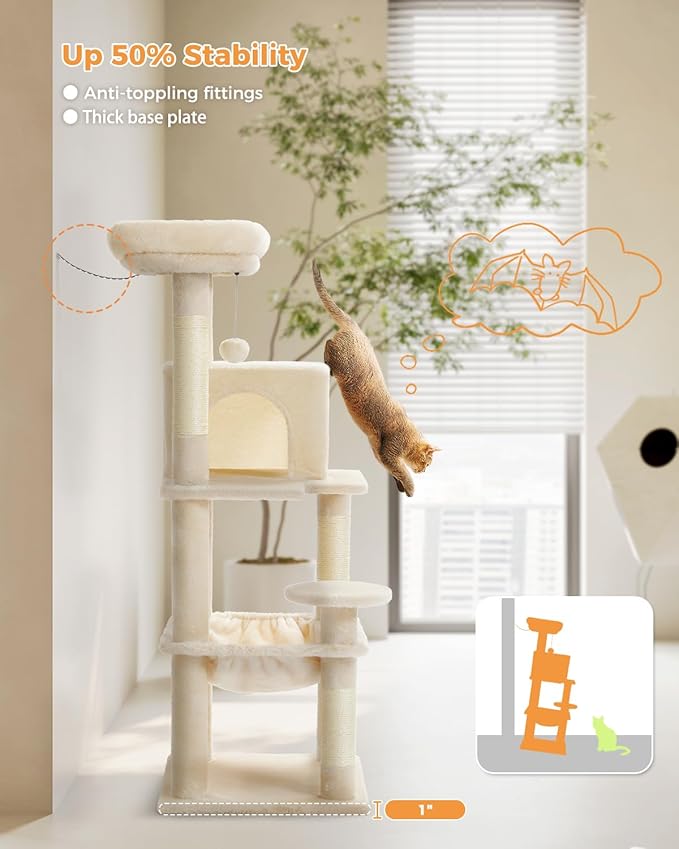Cat Tree for Indoor Cats, 45.7" Multi-Level Cat Tower with Large Metal Frame Hammock, Cat Condo with 4 Scratching Posts and Top Perch for Small Medium Cat, Beige-Mewly Pet