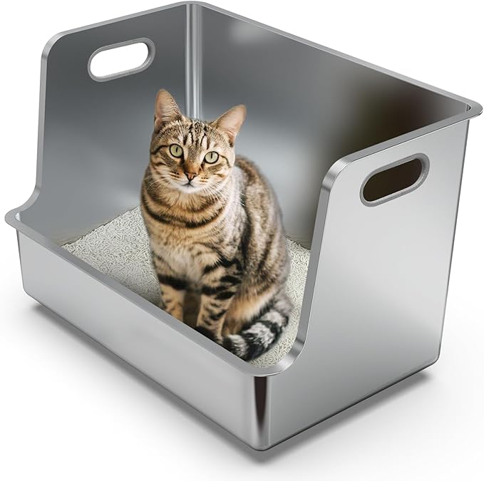 One-Piece Stainless Steel Litter Box, 14.5" High-Side XL Metal Cat Litter Box, Extra Wide Entry Pet Toilet, Cat Litter Station with Wheels, Easy to Move, Non-Stick, No Odor, for Big or Multiple Cats-Mewly Pet