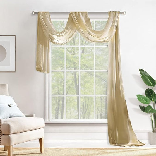 MIULEE Luxury Sheer Voile Elegant Topper Long Valance Solid Treatment Swags Drapes for Window Ceremony Wedding Canopy Bed 54" x 216" Beige