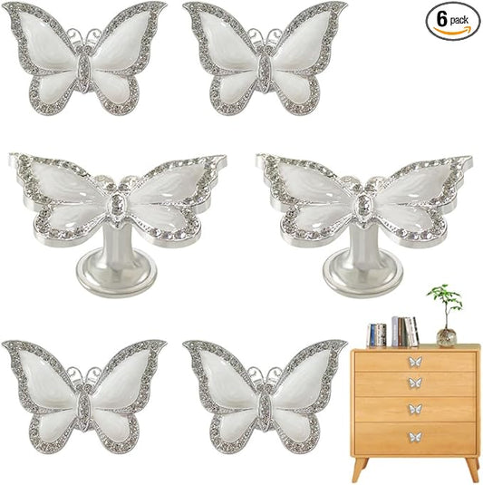 Butterfly Cabinet Knobs,6 Pieces Butterfly Knobs Single Hole Pulls Handles Decorative Door Cabinet Drawer Cupboard Furniture Door Wardrobe (Silver)