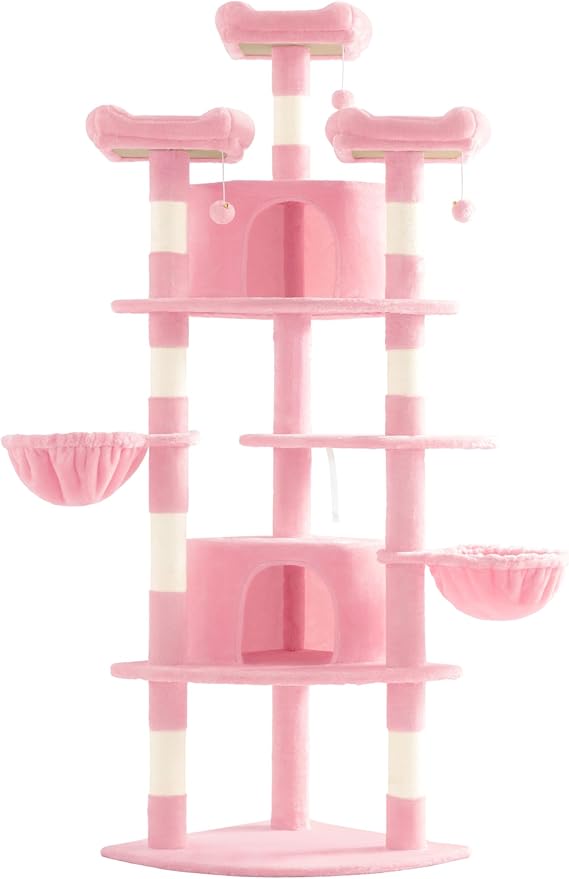 SHA CERLIN 73in Fan-Shaped Corner Cat Tower for Save Space/Multi-Level Tall Cat Tree for Indoor Kitties/Condo with Baskets/Cozy Perches/Sisal Scratching Posts/Pet Activity House/Pink-Mewly Pet