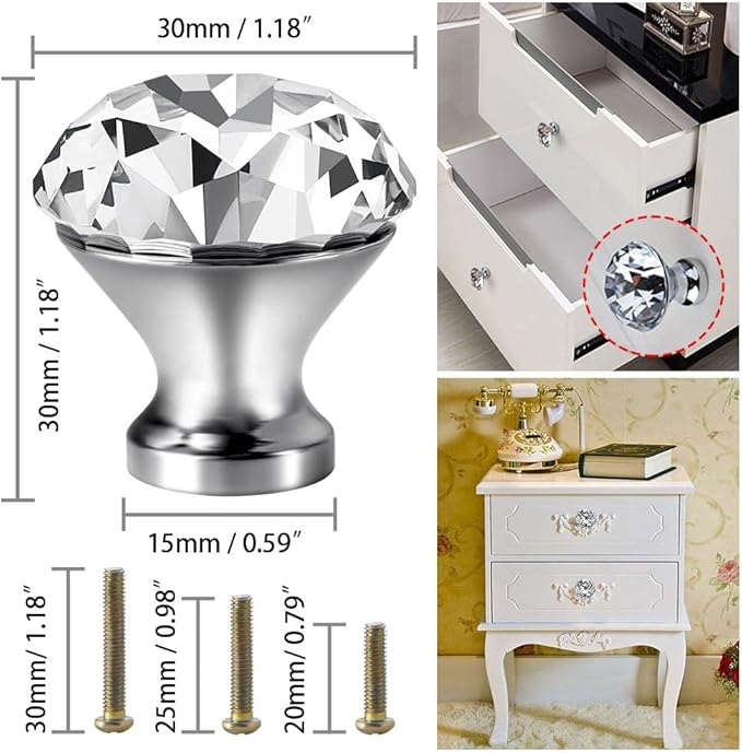 30mm Kitchen Cabinet Knobs Drawer Pull Handle Hardware, Crystal Clear Glass Round Diamond Shape Dresser Closet Bi-fold Door Bathroom Cupboard Desk Nightstand Furniture Decorative Drawer Knobs （10PCS）