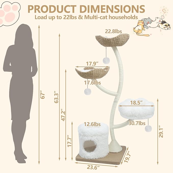 63” Tall Cat Tree Tower for Indoor Cats, Multi-Level Large Cat Climbing Furniture with Scratching Posts, Soft Perch, Cozy Cave, and Hanging Toys, Sturdy Design for Multi-Cat Households-Mewly Pet