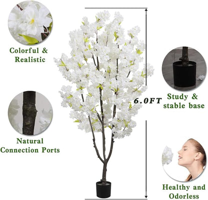 Faux White Cherry Blossoms Tree 6FT Flowering Tree Artificial Cherry Blossom Tree for Bedroom Home Decor