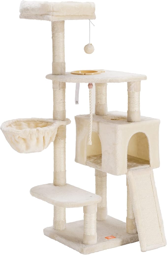 Heybly Cat Tree, Cat Tower for Indoor Cats with Scratching Board, Multi-Level Cat Furniture Condo with Feeding Bowl, Beige HCT010M-Mewly Pet