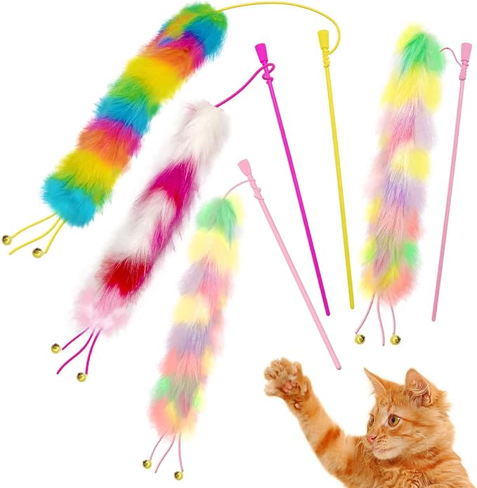 4 Pack Cat Wand Toy, Rainbow Cat Feather Toys with Bells, Teaser Wand with Soft Furry Tail, Interactive Toys for Indoor Cats & Kitten & Kitty-Mewly Pet