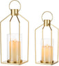 NUPTIO Gold Lanterns Decorative Indoor: Set of 2 Hanging Metal Pillar Candle Lantern with Bottomless Hurricane Glass for Wedding Home Front Porch Outdoor Fireplace Christmas Table Centerpiece