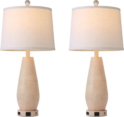 Farmhouse Table Lamps Set of 2 with USB C+A Ports and AC Outlet, 3 Way Touch Rustic Bedside Lamps for Living Room, 26.5" Cream Vintage Lamps for Bedroom Nightstand