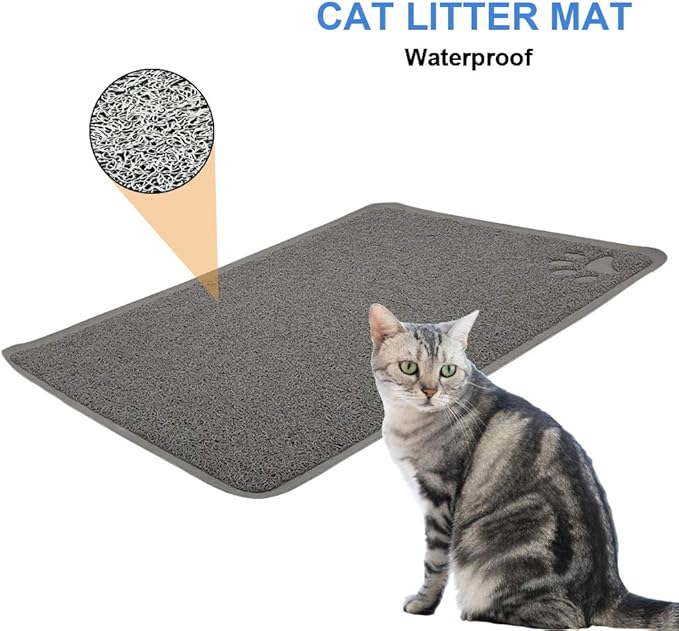 Cat Open Top Litter Box with Lid, Litter Mat, Poop Lifter Scoop & Kitten Kitty Stainless Steel Feeding Dish Bowl, Starter Kit 4 Pack for Small cat Within 5 Months (Grey-Four Entries)-Mewly Pet