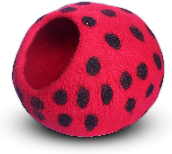 Woolygon Premium Felt Cat Cave Bed - Polka Dot Series - Wool Kitty Beds Handcrafted Kitten Caves Bed for Indoor Cats - Eco-Friendly Merino Wool, Foldable Cat Hideaway Cat Houses (Red/Black Dots)-Mewly Pet