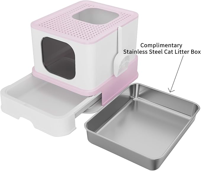 RIZZARI Cat Litter Box, Foldable Cat Box with Drawer, Large Capacity Litter Box with Lid, Top Opening Litter Pan for Small to Big Cats (Pink-Stainless Steel Basin)-Mewly Pet