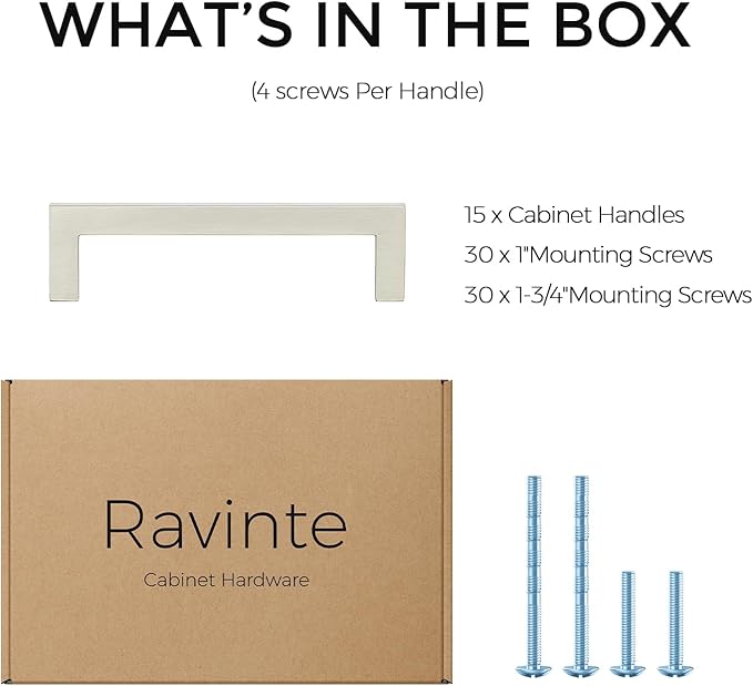 Ravinte 15 Pack Solid 3-1/2 Inch Center to Center Slim Square Bar Dresser Drawer Handles Kitchen Cabinet Handles Brushed Nickel Drawer Pulls Kitchen Cabinet Hardware Pulls