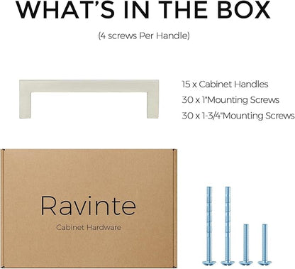 Ravinte 15 Pack Solid 3-1/2 Inch Center to Center Slim Square Bar Dresser Drawer Handles Kitchen Cabinet Handles Brushed Nickel Drawer Pulls Kitchen Cabinet Hardware Pulls
