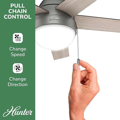 Hunter 46 inch Indoor Ceiling Fan with LED Light - Ceiling Fan with Pull Chain, For Bedroom, Living Room, or Kitchen, Low Profile Mount, No Remote, 5 Blades - Anslee 59270, Matte Silver