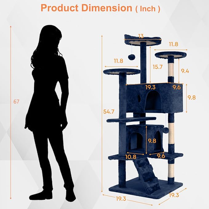 54.7 inches Cat Tower - Multi-Level Cat Condo with Scratching Posts, Hanging Toys, Navy Blue-Mewly Pet